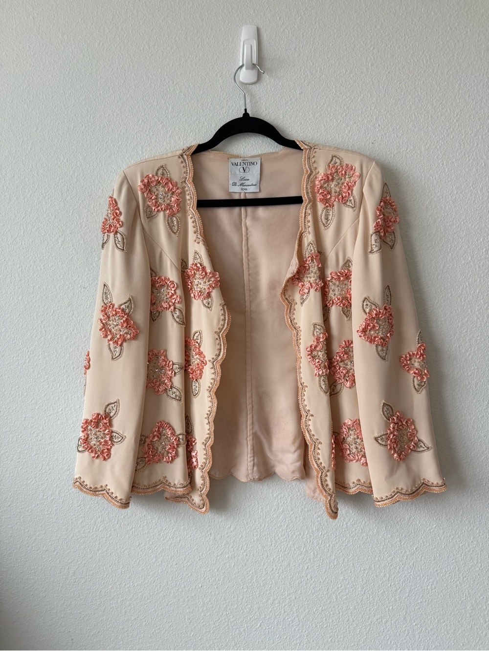 RARE Vintage Valentino Peach and Ivory Beaded Floral Open Jacket